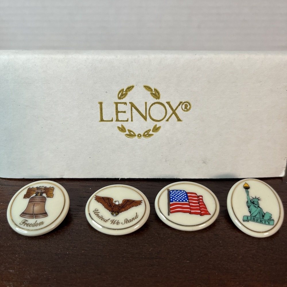 Lenox Patriotic Pins Porcelain 4 Set Made In USA Flag Liberty Bell Eagle Freedom